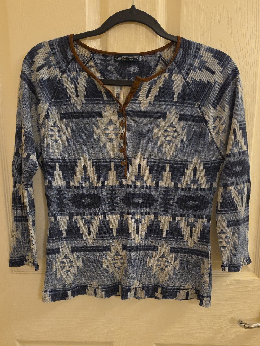 Ralph Lauren Blue Aztec-Print Henley Long Sleeve Top with Brown Trim